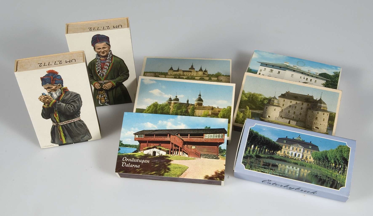 Samling om 181 tändsticksaskar i olika storlekar och utföranden.
