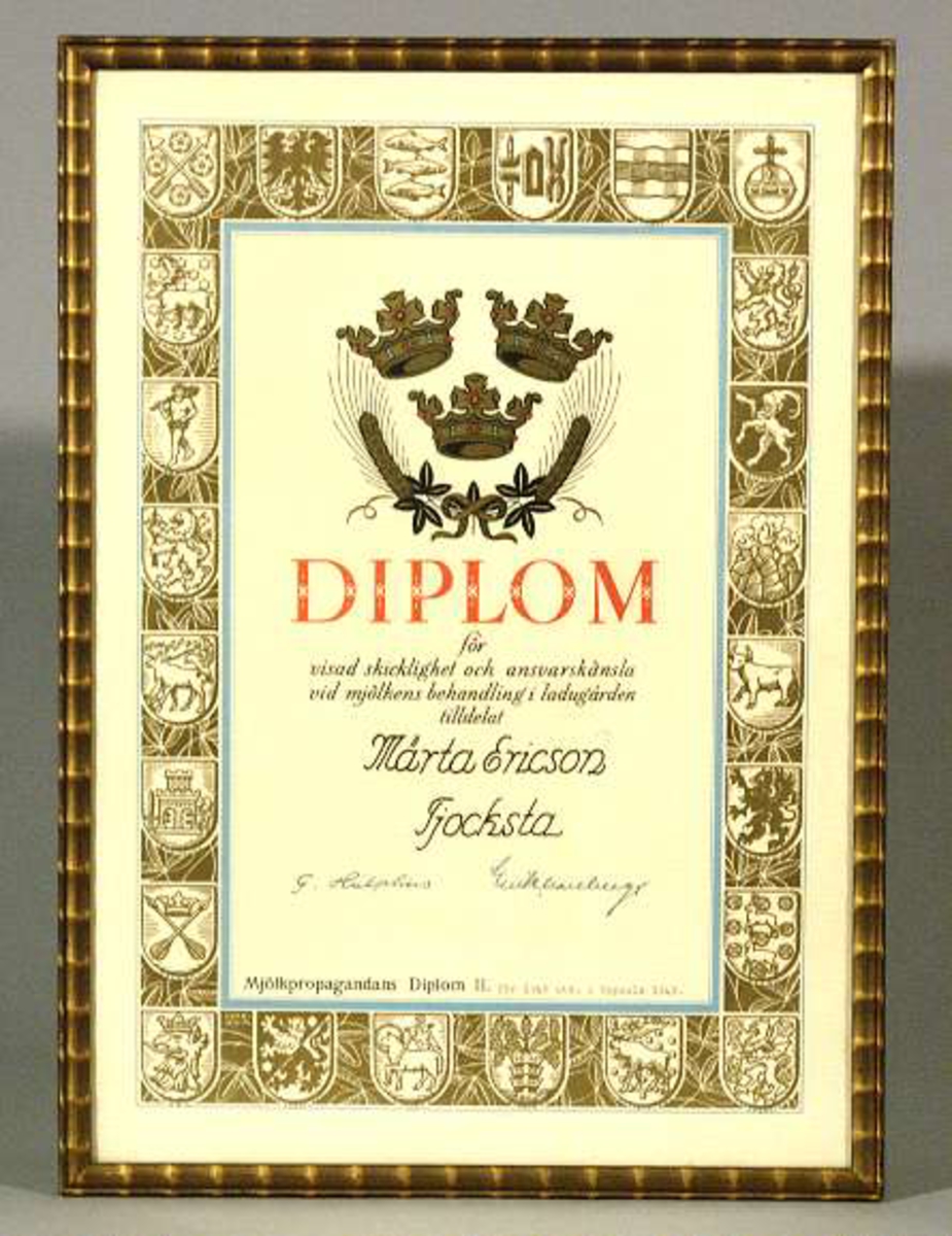 Diplom, inramat i träram och glasad. Text "DIPLOM för visad skicklighet och ansvarskänsla vid mjölkens behandling i ladugården tilldelat Märta Ericson Tjocksta ... Uppsala 1949". Snöre för upphängning på baksidan.