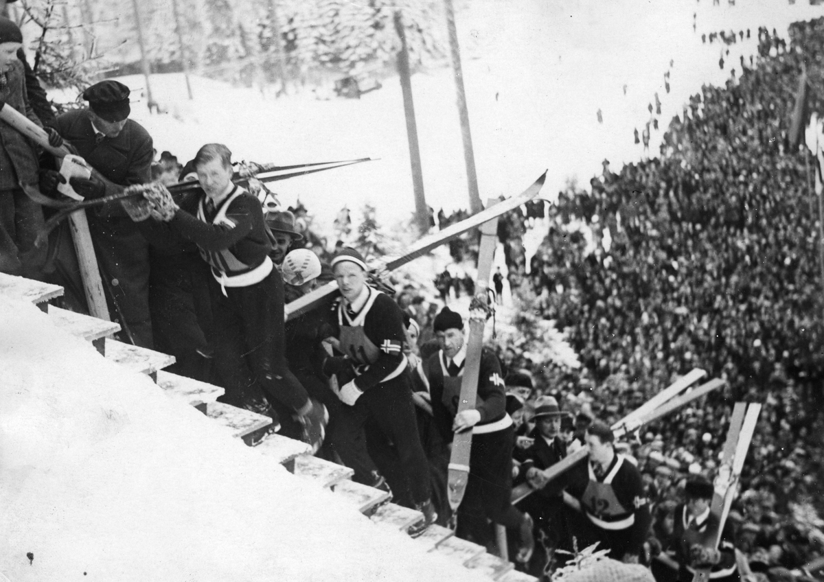 Norwegian athletes Birger Ruud and Sigmund Ruud during ski jumping competition in Germany