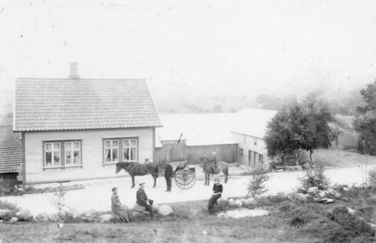 Hestevogn og hest foran Karl Vatnes gård på Høyland, 17. mai 1913