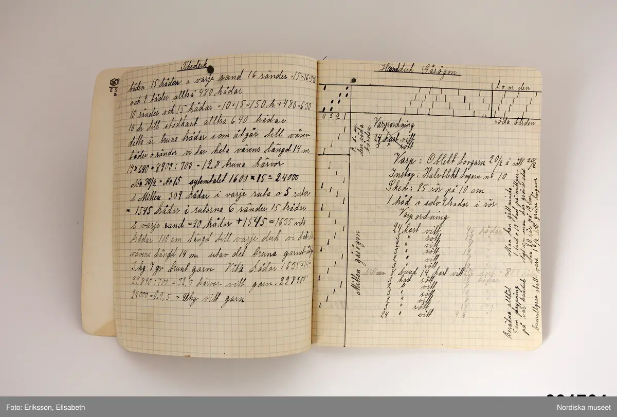 Vävbok, svarta vaxdukspärmar och inlaga med rutat papper.  I boken handskrivna anteckningar om vävning (vävbeskrivningar och vävnotor). Ex. på rubriker "Garnberäkning / Gardin Myggfjäll / Dräll 10 skaft / Handduk Gåsögon /  Halsduk Kypert / Gardin Droppdräll / Enkelt Munkabälte Möbeltyg". Orange etikett på framsidan "Ester Andersson / Binnaetorp". På insidan av främre pärmen tryckt "ESSELTE  3660/60 R." samt handskrivet Ester Andersson / Binnaretorp / Gullaboby"
/Anna-Karin Jobs Arnberg 2013-05-30
