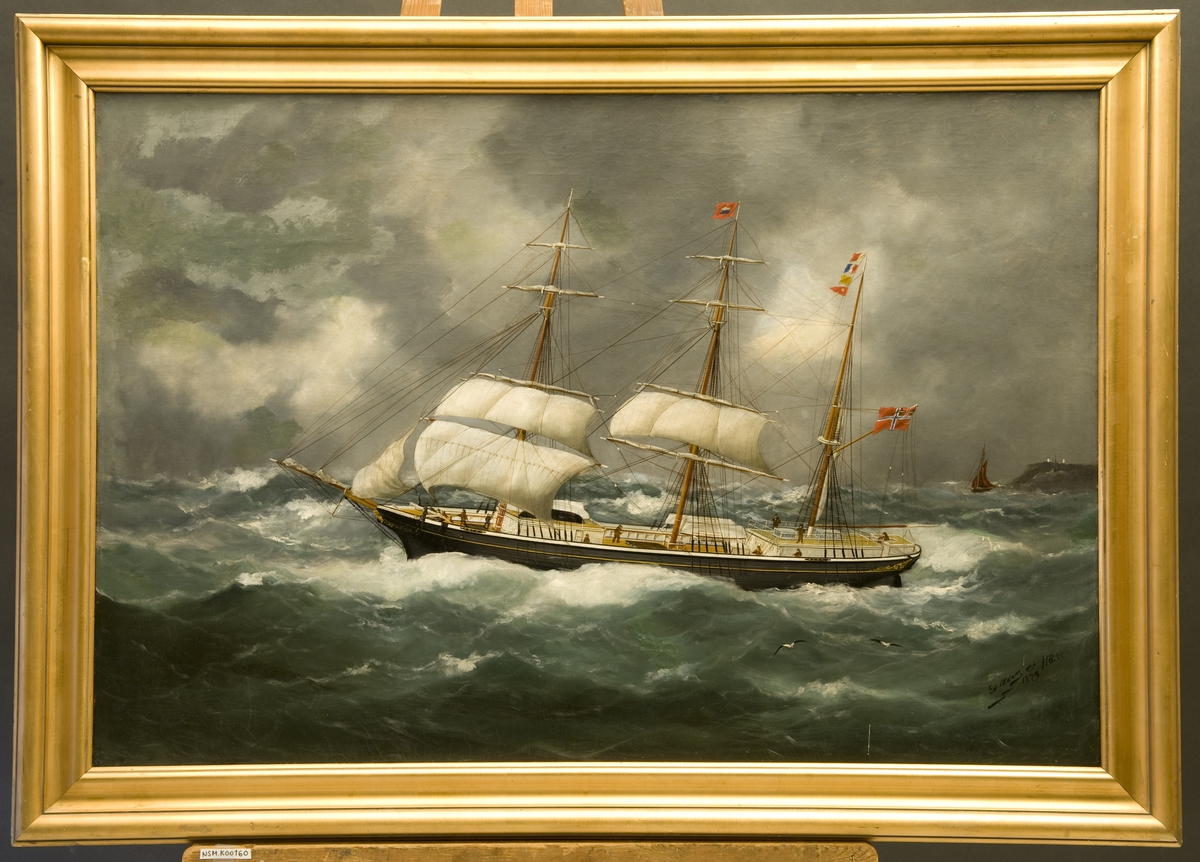 Bark 'Asta', Arendal På stortoppen komp.flagg, mesantoppen kjenningssignal H.T.Q.F. Unionsflagg fra gaffelen. Seil: fokk, begge stumper.