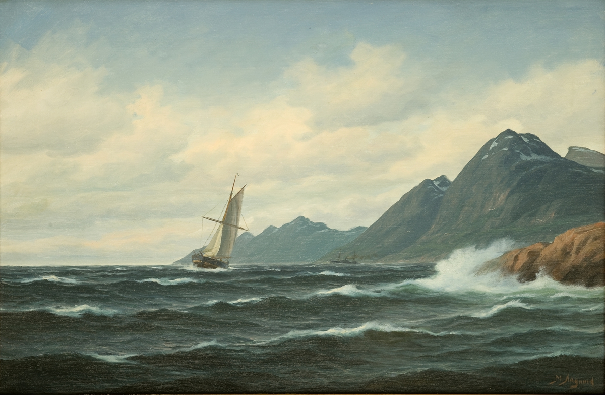 Seilfartøy, en jakt, utenfor kystlandskap