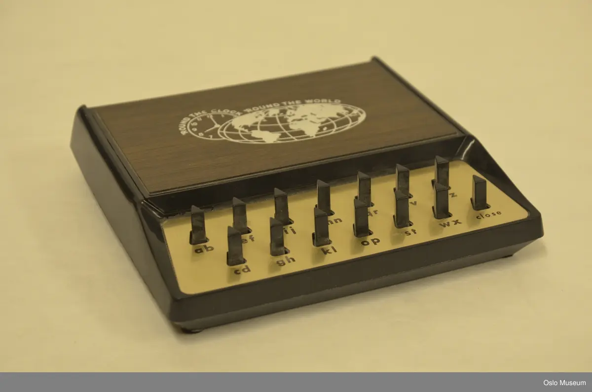 Telefonregister i sort og brun plast, metall og papir med bokstavtastatur. Lokket spretter opp ved å trykke valgt bokstav.