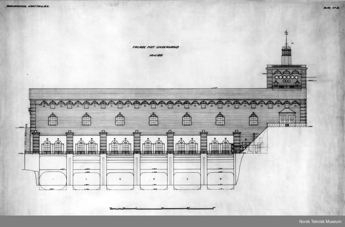 Raanaasfossen kraftanlegg sett fra syd. Tegning i målestokk 1:100 fra 1923