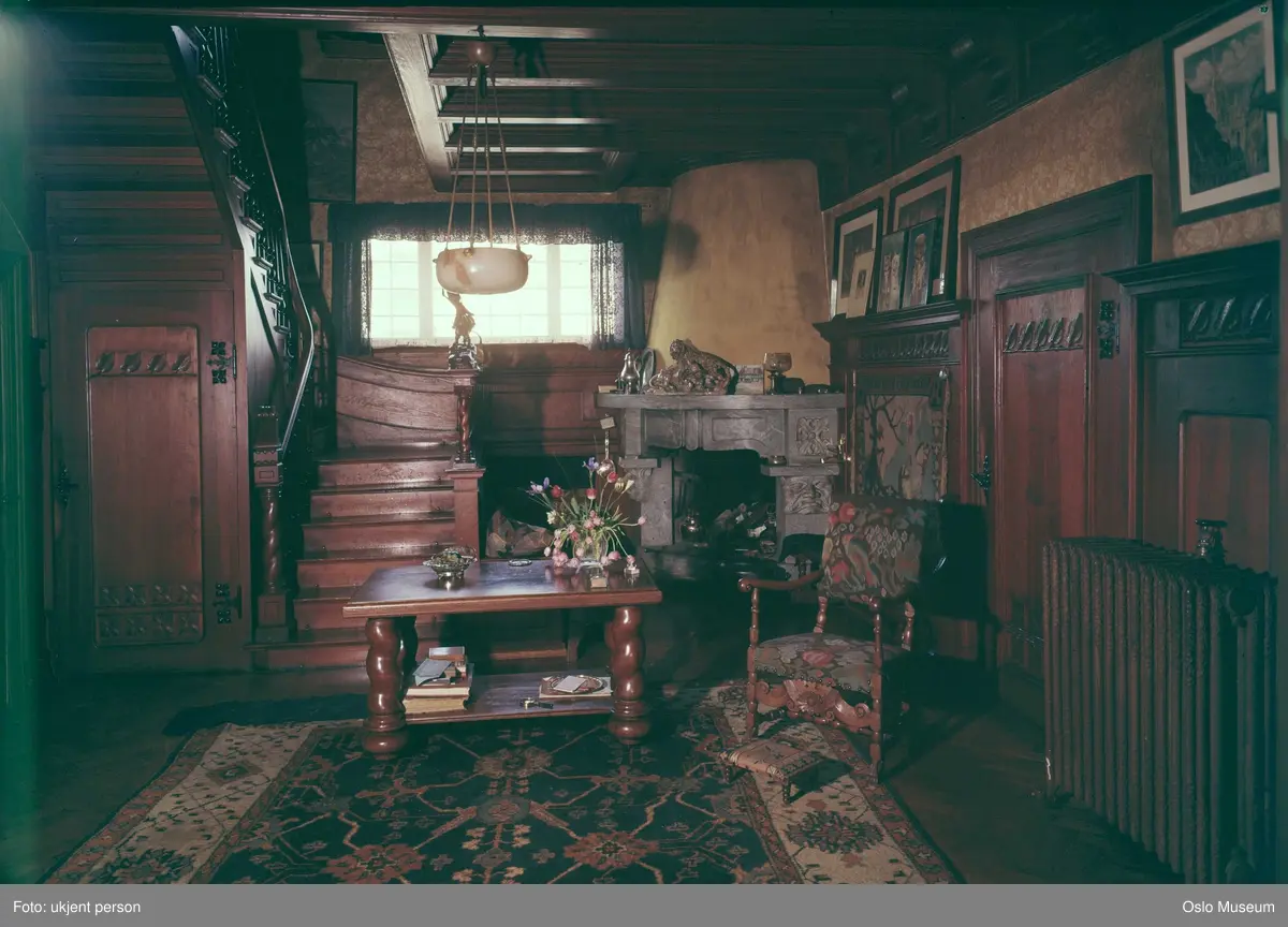 villa, interiør, hall, trapp, peis