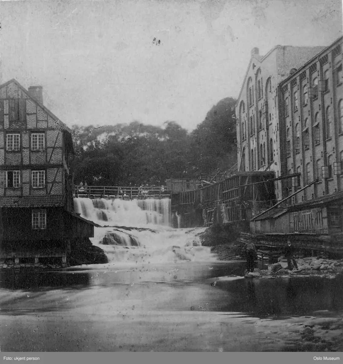 elv, foss, fabrikkbygninger, Christiania Seildugsfabrik, bro, mennesker