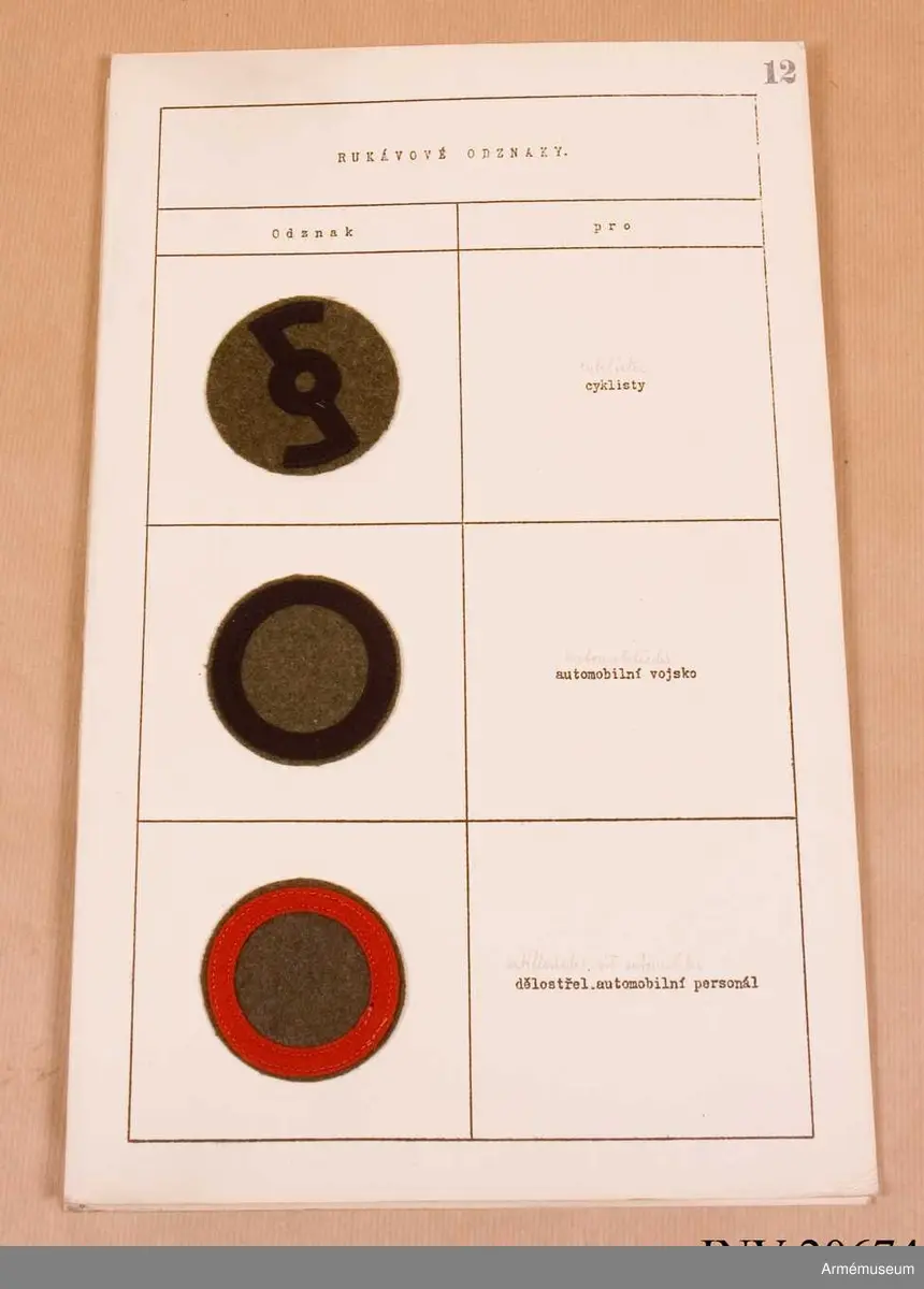 Grupp C I
Metallbrickor. Sexton ark med uppklistrade prover på distinktionstecken.

Samhörande nr är: AM.20674-5