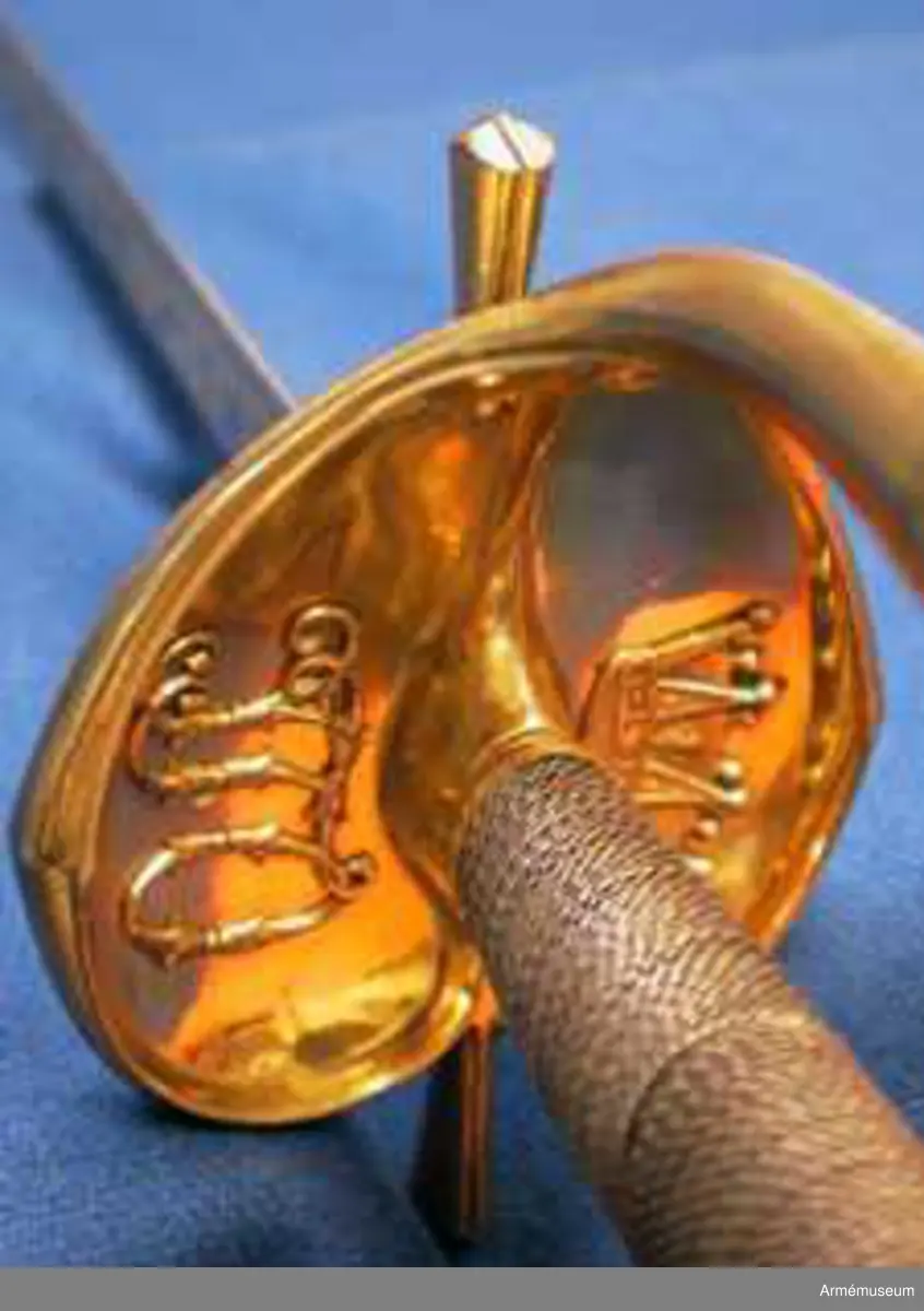 Grupp D II.
Klingan är tveeggad med ryggar. På vardera sidan är den på en längd av omkring 32 cm prydd med blanka, etsade ornament på förgylld botten, däribland på yttersidan Karl XIV Johans namnchiffer och en ranka med lagerlöv, på insidan med tre kronor under kunglig krona samt en ranka med eklöv och ollon. Fästet är av förgylld mässing och av karolinsk kavallerityp. Knappen har formen av ett tillplattat klot samt har fram och bak en rygg markerad av en längs kanterna upphöjd rand. Nitknappen är rätt hög, svagt fasonerad och med ganska stor fot. Nedtill  fortsätts knappen av en på mitten instrypt hals. Runt halsens nedre del går en rand. Gränsen mellan hals och knapp samt mellan knapp och nitknapp är tydligt markerad. Kaveln omges upp- och nedtill av ett ringliknande, omkring 5 mm brett beslag av förgyllt mässingsbleck. Längs varje kant pryds dessa beslag av en ingraverad rand. I övrigt är kaveln lindad  med en tunn, av två parter hopsnodd försilvrad koppartråd. Parerstången vidgas rätt kraftigt mot de i trepass avslutade ändarna samt har ovalt tvärsnitt. Längs dessa övre och undre, främre och bakre kanter går en upphöjd rand. Parerplåten är hjärtformig. Dess förhöjda kanter är på mitten vidgade och har på samma ställe en kantig utbuktning på den mot plåten motsatta sidan. Handbygeln vidgas rätt kraftigt på mitten och har ovalt tvärsnitt. Dess övre ände är medelst en skruv fäst vid knappen. Längs över- och undersidan på de förhöjda kanterna samt längs handbygelns främre och bakre kant löper en upphöjd, smal rand. På översidan av parerplåtens yttre hälft är de ciselerade bokstäverna F J O (Frans Josef Oskar) fastnitade och på samma sida av den inre hälften är en kronprinskrona i liknande arbete fäst.