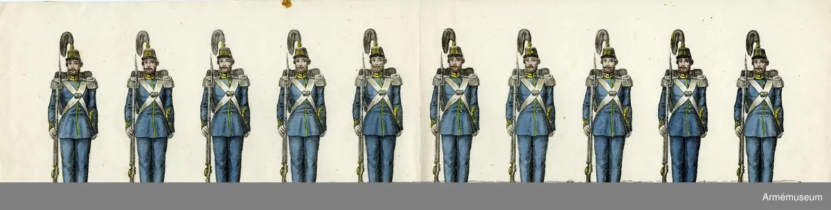 Grupp M I.
Kolorerad litografi föreställande "Svea livgarde". 13 st blad med 10 figurer vardera. H. Lederer i Stockholm (1860-69). 