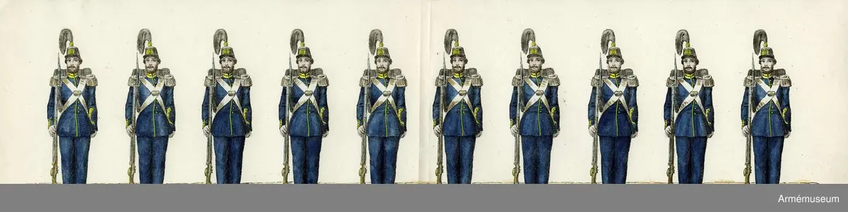 Grupp M I.
Kolorerad litografi föreställande "Svea livgarde". 13 st blad med 10 figurer vardera. H. Lederer i Stockholm (1860-69). 