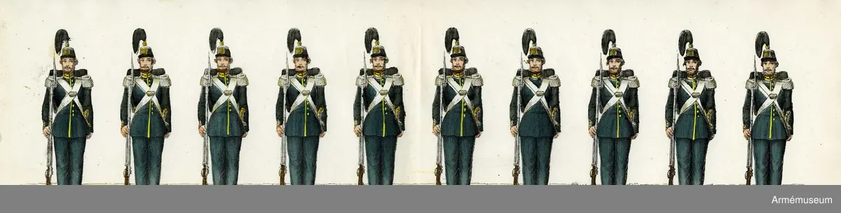 Grupp M I.
Kolorerad litografi föreställande "Svea livgarde". 13 st blad med 10 figurer vardera. H. Lederer i Stockholm (1860-69). 