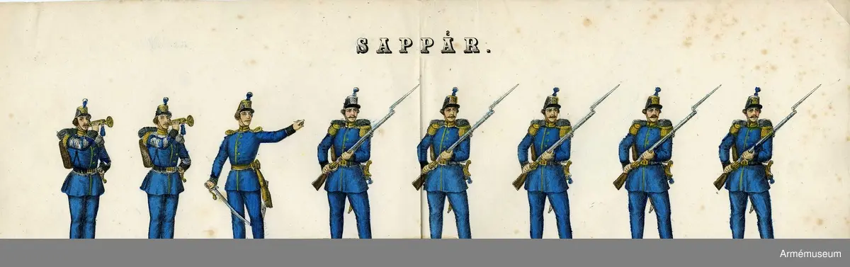 Grupp M I.
Kolorerad litografi föreställande "Sappör". 4 st blad med 8 figurer vardera. H. Lederer i Stockholm (1860-69). 