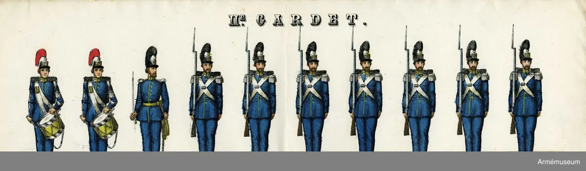 Grupp M I.
Kolorerad litografi föreställande "11:e Gardet".  5 st blad med 10 figurer vardera. H. Lederer i Stockholm (1860-69).