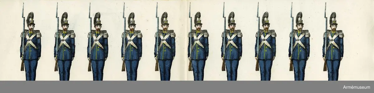 Grupp M I.
Kolorerad litografi föreställande "11:e Gardet".  5 st blad med 10 figurer vardera. H. Lederer i Stockholm (1860-69).