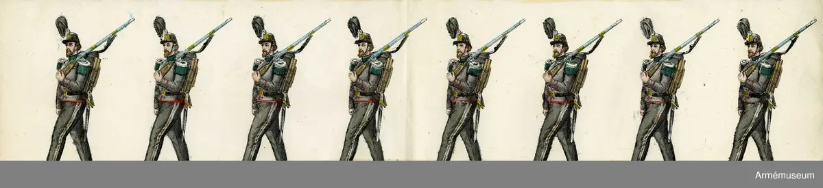 Grupp M I.
Kolorerad litografi föreställande "Norska Skarpskytter". 4 st blad med 8 figurer på varje. H. Lederer i Stockholm (1860-69). 