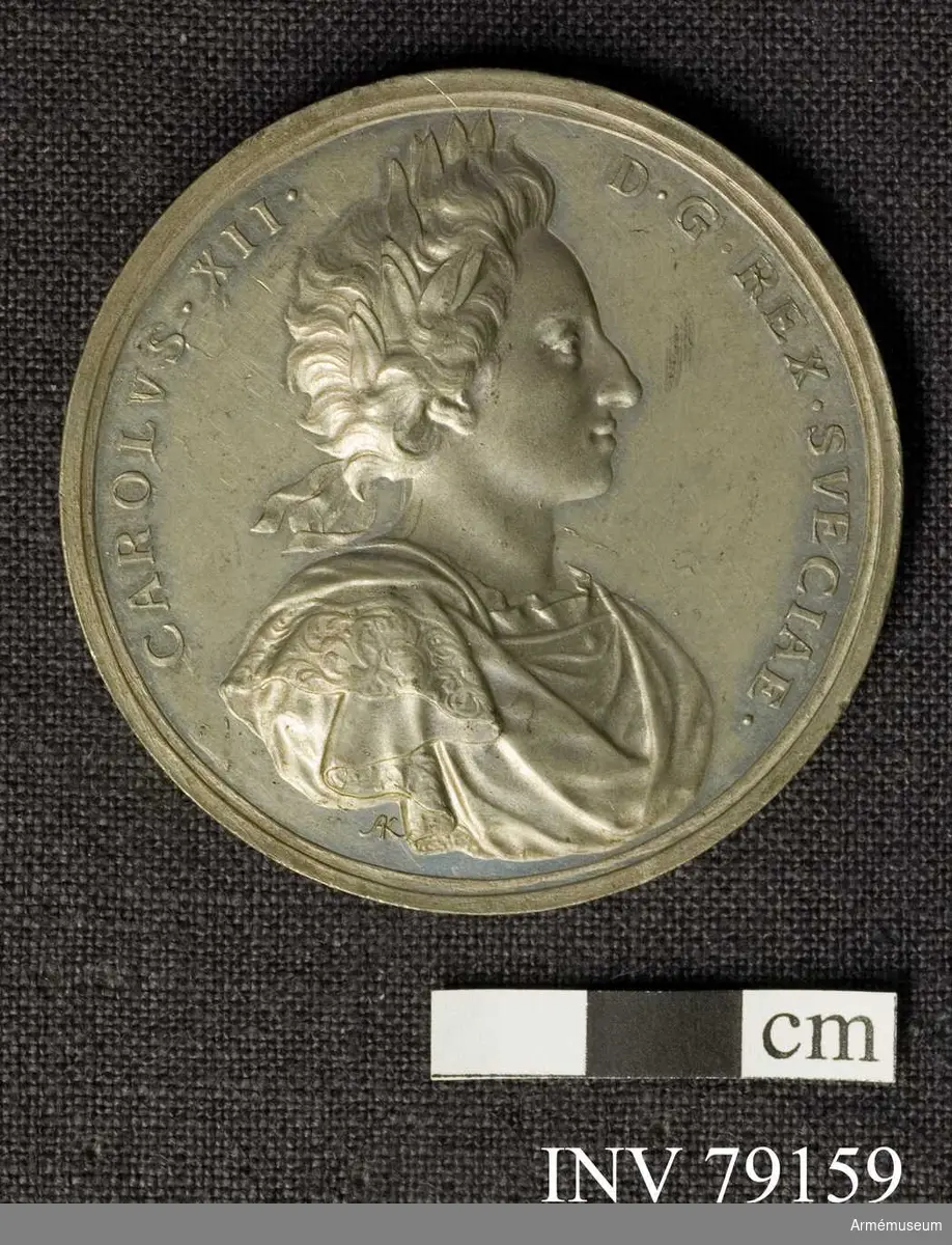 Grupp: M.
Åtsidan: CAROLVS. XII. D.G. REX. SVECIAE. Bröstbild åt höger, lagerkransad i harnesk, som till största delen döljes av brämade mantelveck. Halsen bar med en veckad remsa över kanten av harnesket. Nedanför AK. 

Frånsidan: NATATV. ARMISQVE. REPRESSIT. En fånge, vilande armen på sachsiska skölden, sitter på marken, lutande sig mot stammen av ett palmträd. I förgrunden ligga två flodgudar med sina strömmande urnor, betecknande floderna Narew och Rosach. På fästet skyar. I avskärningen: VICTORIA PVLTOVIENS. PARTA. D 21 APRIL. 1703. 
 
Medaljen graverad av A Karlsten.