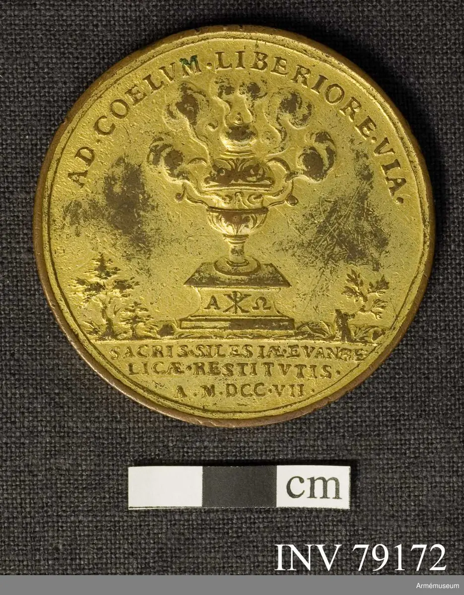 Grupp: M.
Åtsidan: CAROLVS XII D G REX SVECIAE. Bröstbild åt höger i harnesk, släta och smala mantelveck samt omlindad halsduk -Under armen AK. 

Frånsidan: AD COELVM LIBERIORE VIA. En genom flera hål rykande urna på en fotställning, vars framsida bär Kristi monogram mellan A och Q (alpha och omega). På marken växande träd. I avskärningen: SaCRIS SILESIAE EVANGE LICAE RESTITVTIS A M DCC VII.

Medaljen graverad av A.Karlsten.