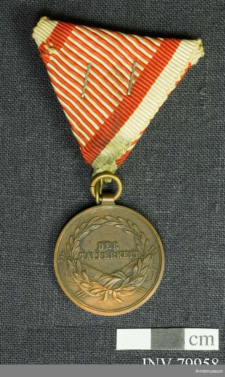 Rund medalj med porträtt av den regerande monarken på framsidan, Franz Joseph I. Runt medaljen finns inskriptionen "Franz Joseph I. V. G. Kaiser V. Oesterreich".

På baksidan en lagerkrans och korsade standarder och flaggor samt inskriptionen "Der Tapferkeit".

Bandet är rött och vitt.