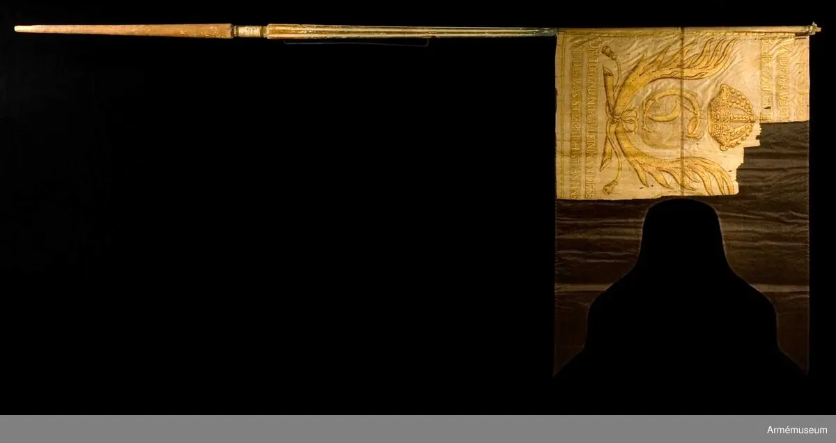 Dragonfana av vit taft med Christian 5's krönta monogram inom korsade palmkvistar. Allt målat i guld. En längre devis på tyska skriven i guldfärg ovan och under monogrammet.