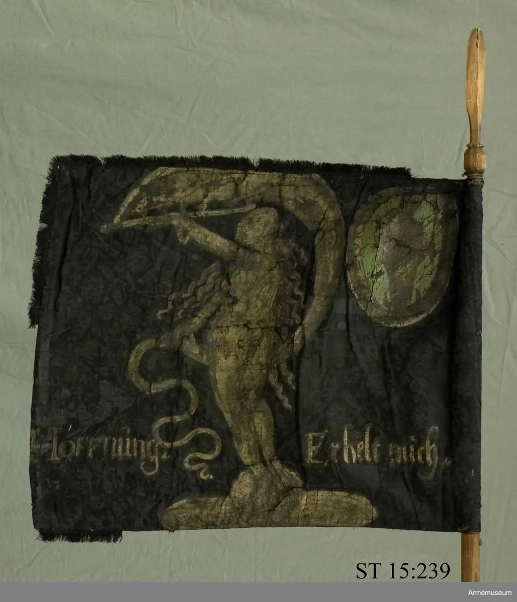 Fanduk av svart europeisk sidendamast med påmålad dekor i silver och grönt. Motivet är en dragon med hatt och kyller hållande en karbin i höger hand och i vänster en häst vid tygeln. På frånsidan Fortuna. På båda sidor är en målad medaljong i stångsidans övre hörn föreställande jungfru Maria med Jesusbarnet stående på en månskära.
Text på framsidan: "Ad utrumque paratus", på frånsidan "Hoffnung erhält mich".