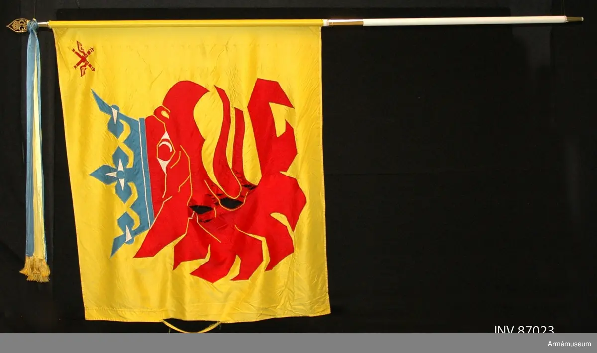 Duk av sidenkypert med landskapet Skånes vapenbild: ett med öppen blå krona krönt avslitet rött griphuvud. I övre inre hörnet två korslagda bevingade röda eldrör av äldre modell. Detta är ett traditionsarv från Skånska luftvärnskåren, Lv4.

Motivet är huvudsakligen utfört i maskinbroderi och intarsia. Vissa detaljer är handbroderade såsom hörnmotivet, näsborren, en del av ögat samt de utskjutande delarna på ömse sidor om kronan. Duken är maskinfållad med sick-sack och raksöm. Triangelformade förstärkningar i övre och nedre stångsidan.

Vitmålad, delbar fanstång. Duken fäst med släta tennlickor. Doppsko av guldfärgad plast, troligen ej ursprunglig. Spets med Carl XVI Gustafs monogram. På holket graverat: "Södra skånska regementet och Södra skånska brigaden 1998".
 
KT 2012-03-06