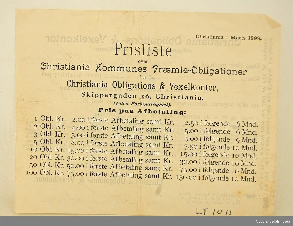 Kvittering på første betaling av premieobligasjon, kroner fem, utstedt fra Christiania Obligations- og Vexelkontor. Priser er opplistet bak. 