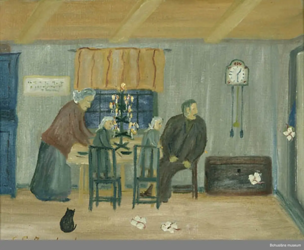 Baksidestext: 
"Julklappar. 
De första julklapparna förekom Här omkring 1910 talet i form av i papper inslagna äpplen och småkakor. O.B.S. Dessa slängdes in På golven hos grannbarn till grannbarn. Man öppnade dörren på glänt och slängde in Klapparna det var noga att man inte syntes.
Folklivsskildring Skaftö.
C.G. Bernhardson."

Litteratur:
Bernhardson, C.G.: Bohuslänska kustbor, Uddevalla, 1983, sidan 110. Titel i boken: De första julklapparna.

Övrig historik se CGB001
