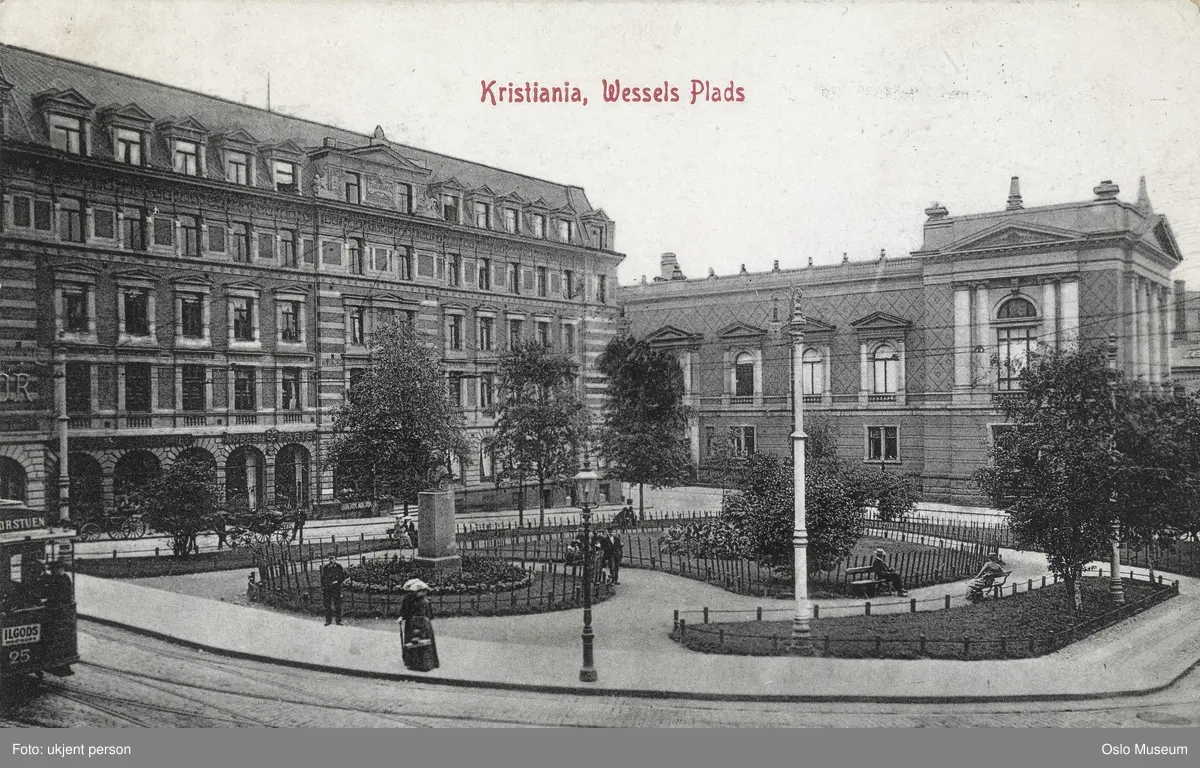 park, portrettbyste, blomsterbed, trikk, forretningsgård, Frimurerlogen