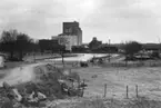 Enköping, vy från bårhuset, mot öster och hamnen, november 1954