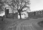 Enköping, nya lasarettsbyggnaden, från vägen till Gröngarnsåsen, mot öster, 29 december 1957