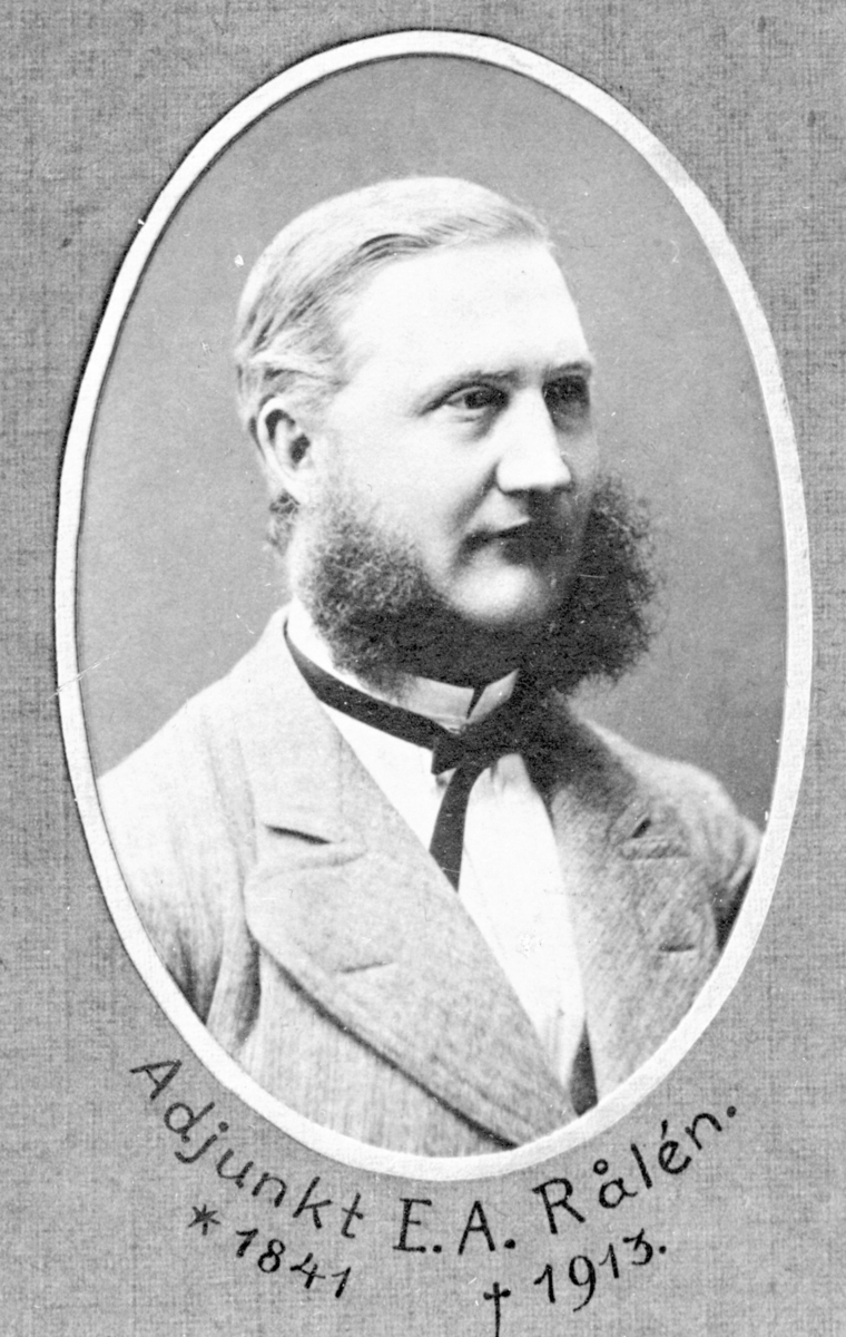 HM 15071. Läroverkskollegiets ordinarie ledamöter i början av 1880-talet (utom adj. Petri).
Foto 1 lektor C J A Thudén. Foto 2 rektor H F Hult. Foto 3 Lektor N Ambrosius. Foto 4 Lektor A von Engeström. Foto 5 Adjunkt N Boström. Foto 6  Lektor F Andersson. Foto 7 Adjunkt C A Colliander. Foto 8 Adjunkt E A Rålén. Foto 9 Adjunkt Joh. Lundberg.