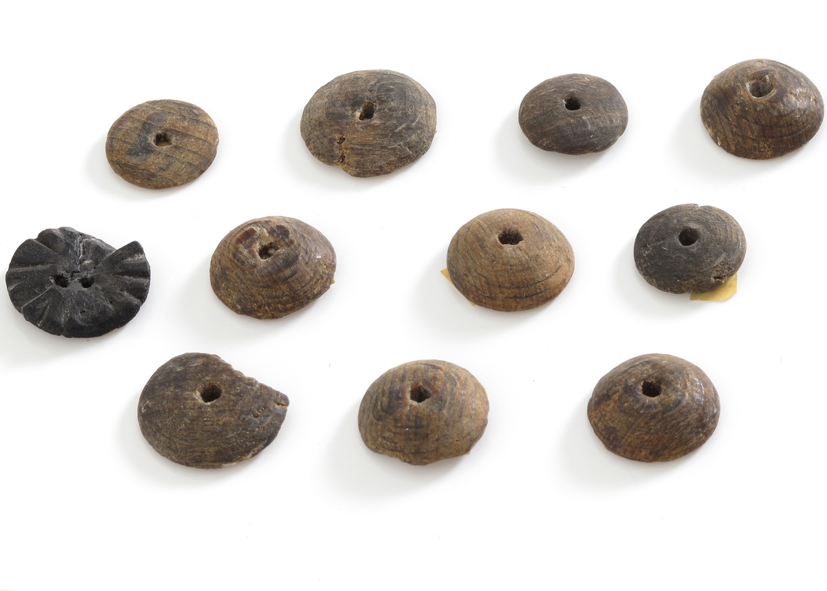 Knapper, 11 stk.  "Fredensborg,"1768. 

a)  Lærknapp. Diam. 2,1 Flat underside, overside med radiære riller, to hull. Et lite stk. borte i  kanten.  

b-f )  Knapper, 5 stk., Tre,  med hvelvet overside og ett forholdsvis stort hull. Diam. 1,9.  y  

g-i.)  Knapper, 3 stk. Tre. Tynne, små, med ett hull.   Diam. 1,2.

j-k )  Knapper, 2 stk. svakt hvelvet overflate,ett  hull, den ene avslått et segment. Diam. 2,1.