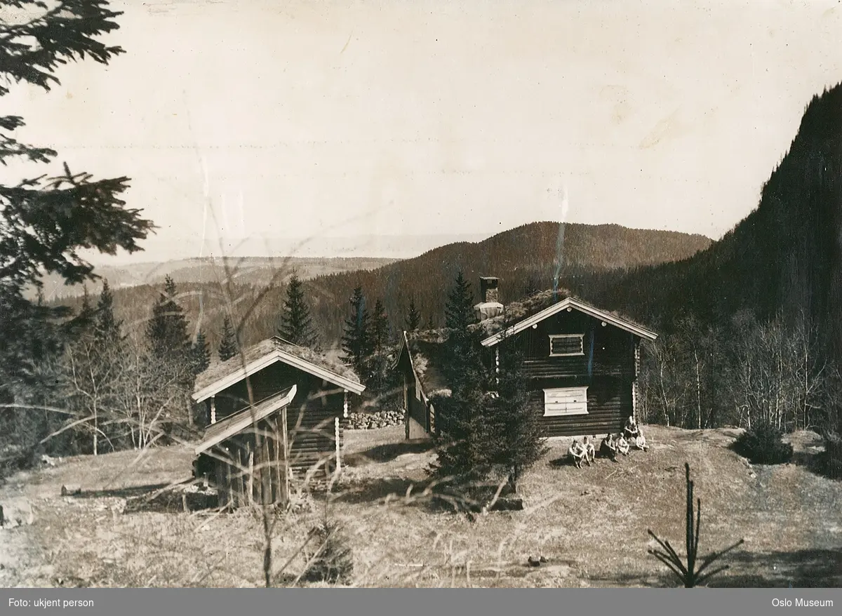 gård, bolighus, mennesker, stabbur, uthus, skog