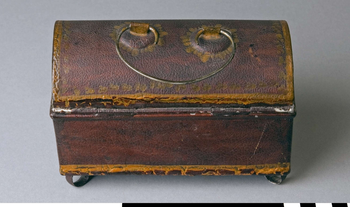 Reseschatull avsett för skrivdon, av bleckplåt. Modell som en liten kista, med kupigt gångjärnsförsett lock och fötter. Inredd med tre fyrkantiga fack och ett smalt som följer framsidan. Endast ett skrivdon finns kvar, en sandströare. På locket ett bygelformat handtag av ståltråd, med två fästen. Fällbar låstunga som passar till en bygel på lådans framsida. Inget lås finns kvar. Fötterna, en i varje hörn, är tillverkade av plåtringar. Schatullet är målat, troligen i rött eller brunt, med gula markeringar runt kanter och handtagsfästen.