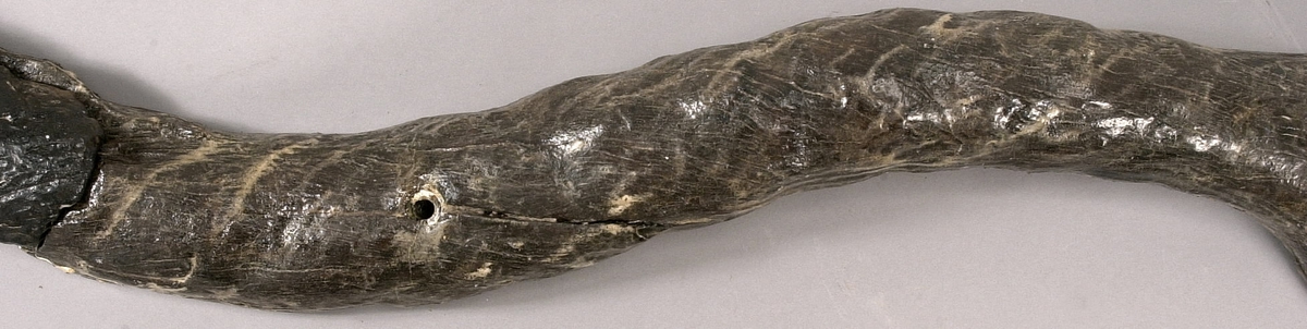 Skulpterad lejonsvans, lagad i rotändan. Svanstofsen är stor och yvig. Svansens baksida är slät.

Text in English: A sculpted lion''s tail, broken off where it was attached to the lion''s hind quarters. The tuft is large and bushy. The reverse side is smooth.