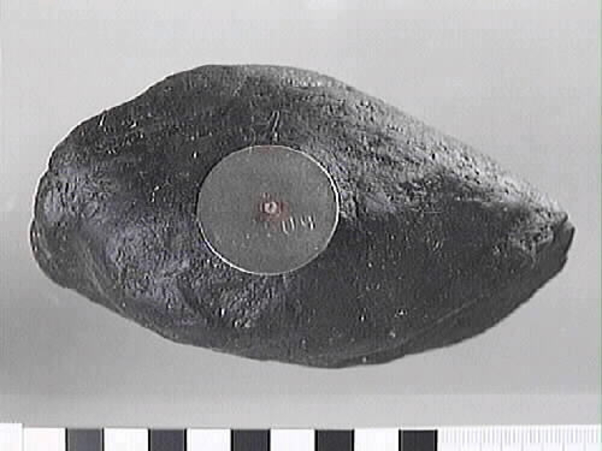 Del av arm till en skulpterad krigare. Oval form. Ovansidan är rundad. Baksidan är troligtvis bruten. Ena kortänden är bruten.
Skulpturdelen är mycket sliten.

Text in English: Part of sculpted arm of a warrior. Oval shaped. Slightly more rounded on one side, one end is broken. Much worn.