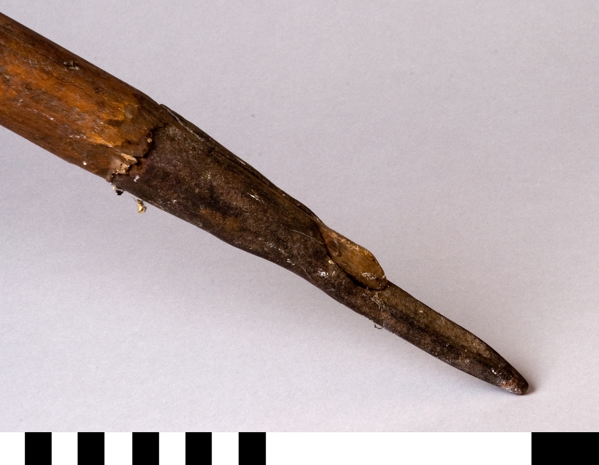Samisk skidstav, ett skidredskap kombinerat med jaktredskap/spjut. Handgjort av trä, gran eller furu, målat eller betsat i rödbrunt. Det är format som en stång med ca. 40 mm:s genomsnitt. I ena änden sitter en spets smidd av järn. Andra änden är utformad med en spadliknande urgröpning.