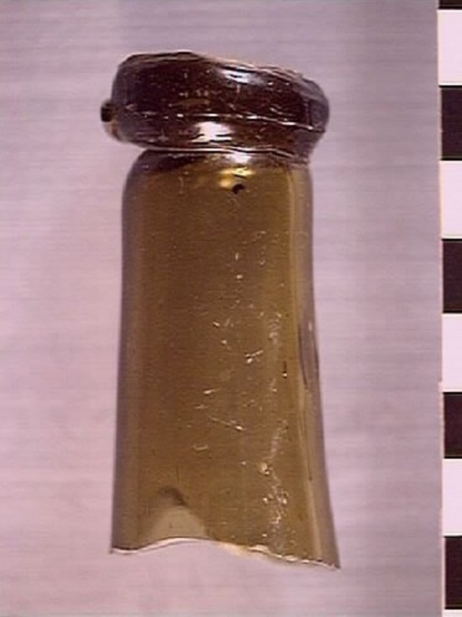 En flaskhals samt en glasskärva.  Flaskhalsen är brunfärgad. Vid flaskmynning ligger glassträngen omlott. Glasbiten är grönfärgad. Troligtvis rör det sig om skärva från flaskans buk. Flaskhalsen och glasskärvan härrör från två olika flaskor.

09262a: Finish has laid-on ring, common on bottles before 1850s (https://sha.org/bottle/finishes.htm), finish also has possible mold line, possibly intrusive artifact. Glass is olive color.
09262b: Glass is dark green.