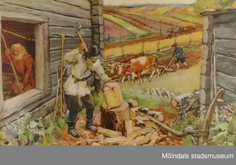 :1: Arbetet på en bondgård under Vasatiden.:2: Medeltida gudstjänst.