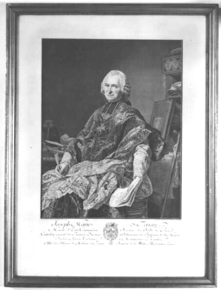 Grafiskt tryck efter målning av A.Roslin. Porträtt av Joseph
Marie Terray, Ministre dÉtat, Commandeur Secretaire des Ordres du Roi
Controlleur general des Finances. Directeur et Ordonnateur des
Batiments de la Majesté, Jardins, Arts, Academiea, et Manifacteures
Royalea, Abbe des Abbayes de Molesme et Troarn. Seigneur de la Motte,
Tilly, et autres Lieux. Gravé par L.J. Cathelin, pour sa Reception
ál´academie. I förgylld ram.