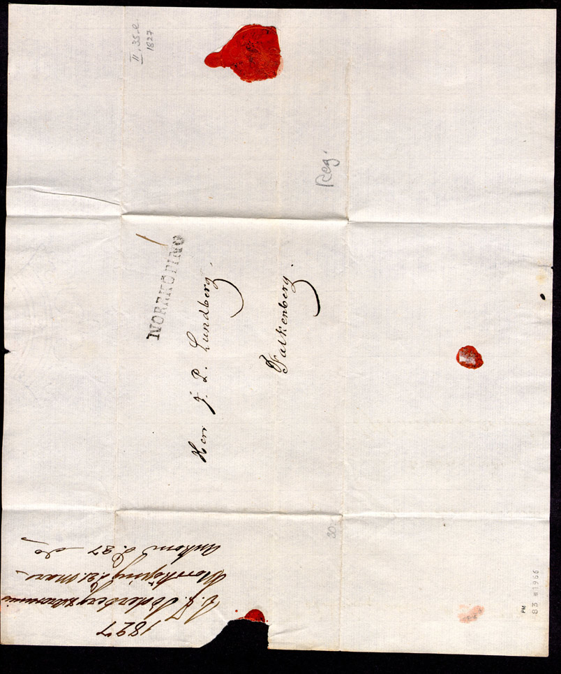 Förfilatelistiskt privatbrev skickat från Norrköping den 21 mars 1827 till Herr J. P. Lundberg i Falkenberg.

Stämpeltyp: Normalstämpel 4