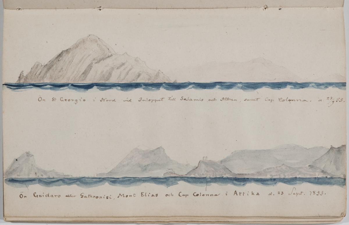 Ön St Georgia i Nord vid Inloppet till Salamis och Athen, samt Cap Colonna d. 23/9 53.
Ön Guidaro eller Gathronisi, Mont Elias och Cap Colonna i Attika d. 23 Sept. 1853.