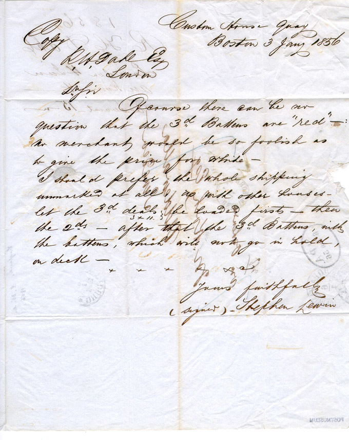 Albumblad innehållande 1 monterat ofrankerat brev

Text: Breif aus London nach Schweden gestempelt - fast unlesserlich
- Jan. 1856. Transitstempeln in Hamburg - alle d. 6. Jan. 1856:
Stadtpostamt, Dänisches Oberpostamt und Schwedisches und Norwegisches
Postamt. Transitstempel Helsingborg d. 11. 1856.

Stämpeltyp: Transitstämpel Hamburg

Stämpeltyp: Transitstämpel Helsingborg