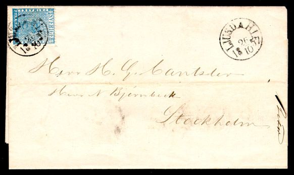 Albumblad innehållande 1 monterat frankerat brev

Text: Brev från Ljusdal den 26 oktober 1857 till Stockholm,
frankerat med 4 sk bco.   Enkelt inrikes brevporto 1.7.1855-30.6.1858

Stämpeltyp: Normalstämpel 10  typ 2