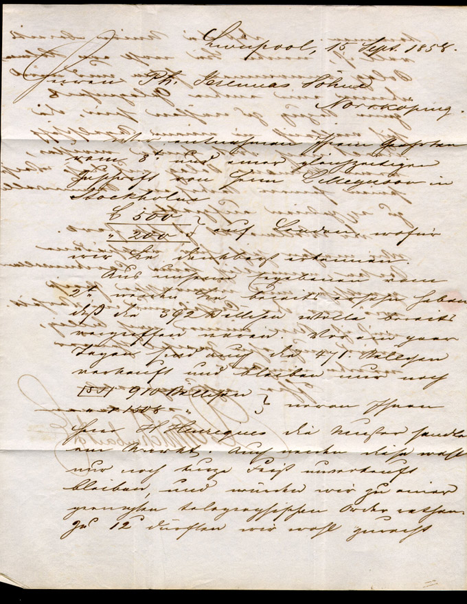 Text: Brief aus Grossbritannien nach Schweden, gestempelt Liverpool
d. 15 Sept 1858. Transitstempeln: Roter Ringstempeln London d. 16
Sept 1858, drei verschiedene Hamburgstempeln - alle - d. 18. Sept
1858 - Stadtpostamt, Schwedisches Postamt und Dänisches Oberpostamt.
Schwedischer Transitstempel Helsingborg d. 20 Sept 1858.

Albumbladet saknar föremål

Etikett/posttjänst: 1858-09-15

Stämpeltyp: Engelsk stämpel: Liverpool

Stämpeltyp: Engelsk stämpel: London

Stämpeltyp: Tre transitstämplar: Hamburg

Stämpeltyp: Transitstämpel: Helsingborg