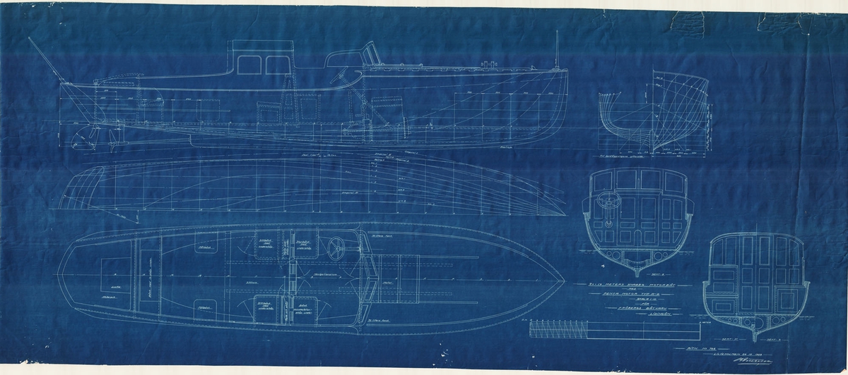 Snabbgående motorbåt.
Konstruktionsritning i plan och profil