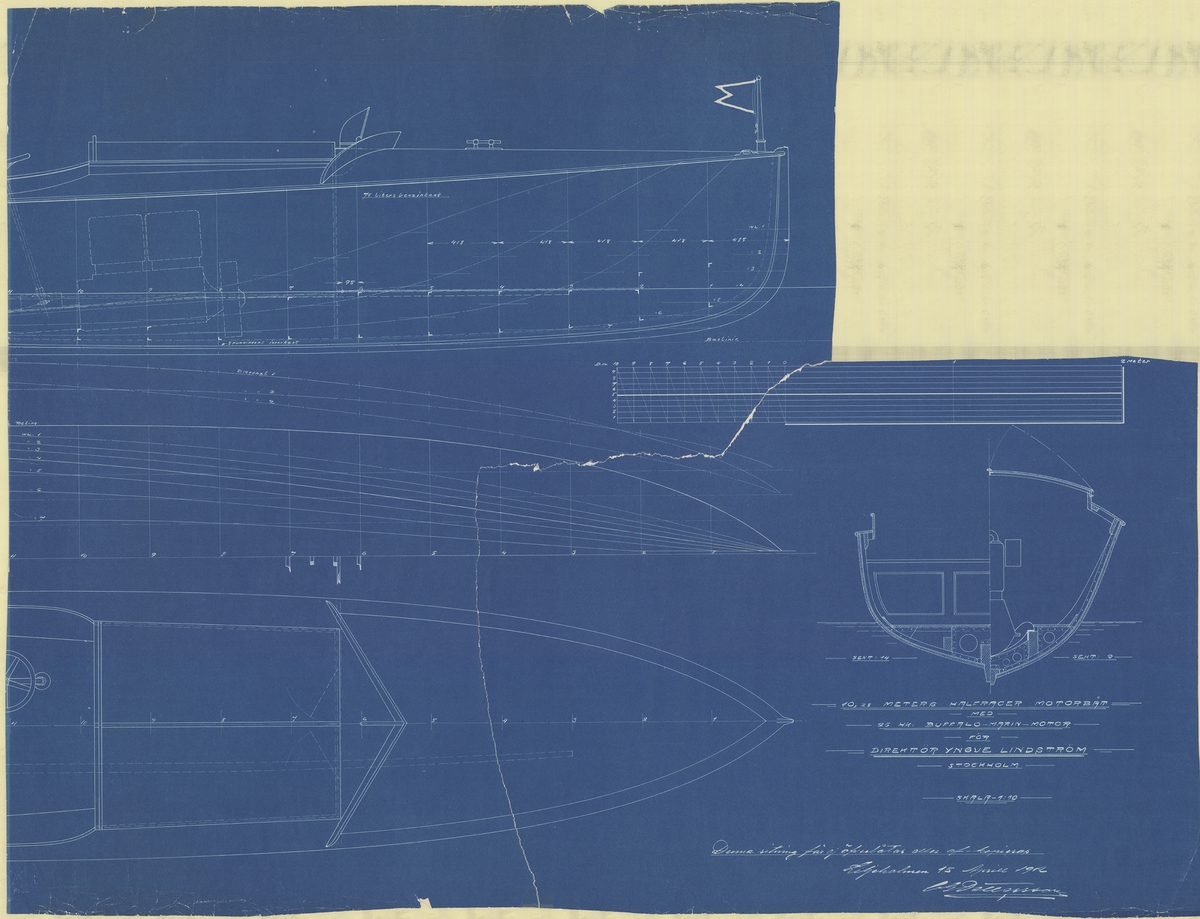 Ritningar till halvracer motorbåt ritad av C G Pettersson för direktör Yngve Lindström, Stockholm, 1912.
Linjeritning, plan, profil och sektion