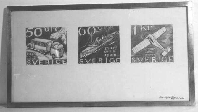 Förslagsskiss i pastell och vit täckfärg till frimärken med valörerna 50, 60 öre och 1 kr, utgivna den 20 febr. 1936 till postverkets 300-årsjubileum. Liknar i stort orginalteckningarna. 50 öre rödlila, 60 öre och 1 kr blå färg. I antikbehandlad slät guldram med glas. 

Se Postryttaren 1964: "Stildrag hos våra frankotecken III. 1930-talet." av intendent Gilbert Svenson.
