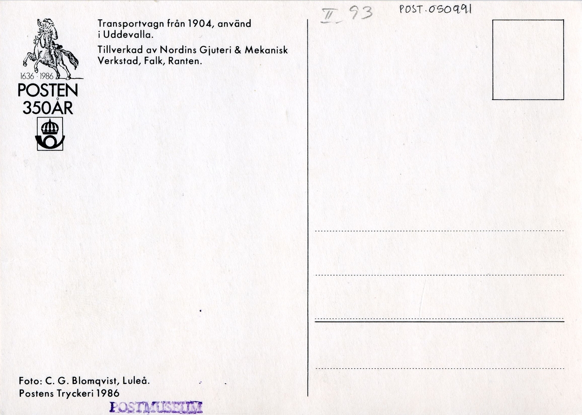 Transportvagn med texten "Kongl. Postverket" från 1904.